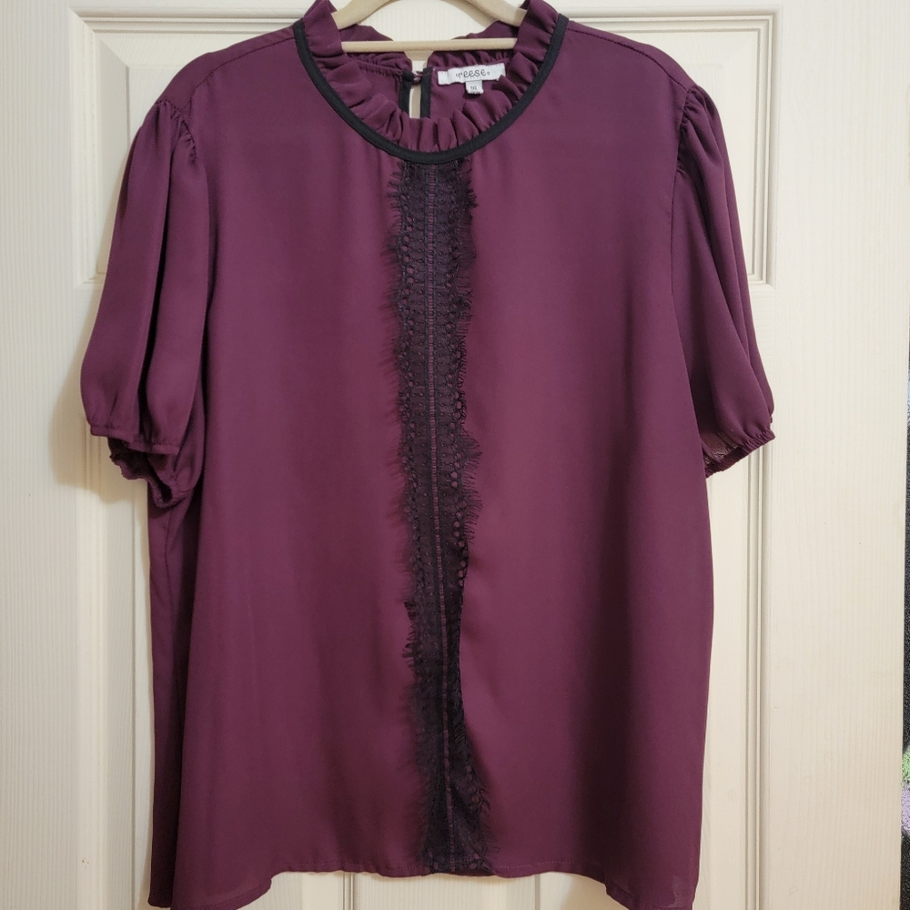 Reese Plum Purple & Black Lace Ruffle Neck Short Sleeve Blouse Plus Size 1X